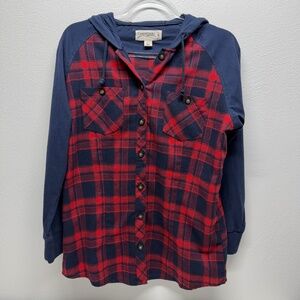 Canyon Guide Y2K Flannel Long Sleeve Button Down Hooded Red Navy Top Size‎ L